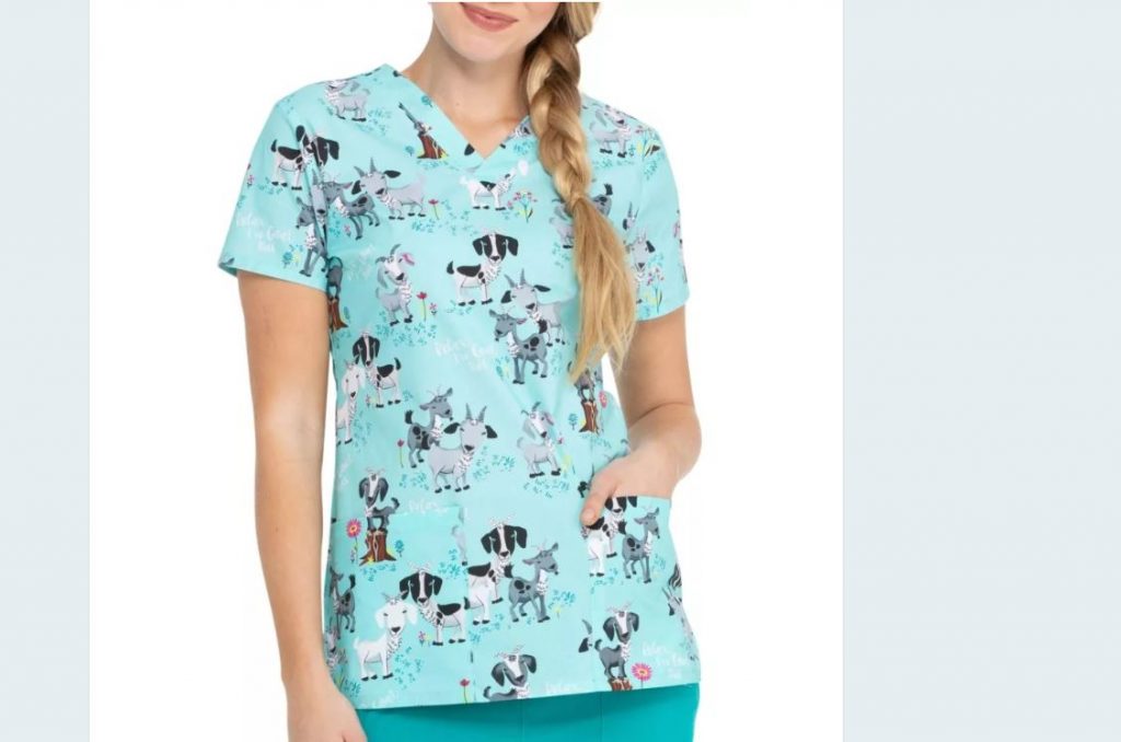 lady wearing a cute animal print scrub top